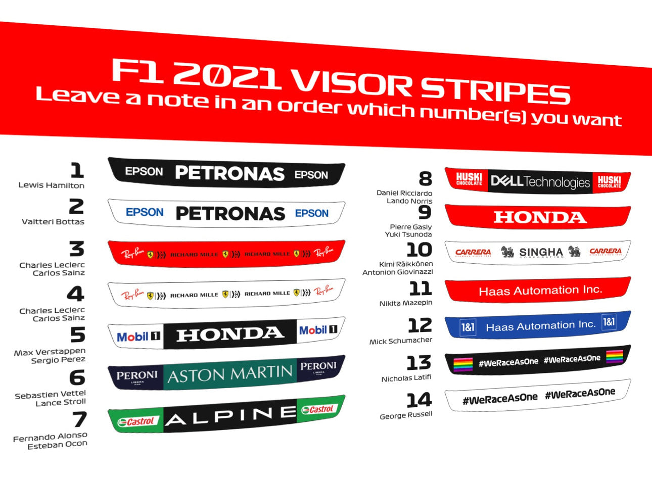 F1 2021 Helmet Visor Sticker (Karting, Motorsport, Moto)