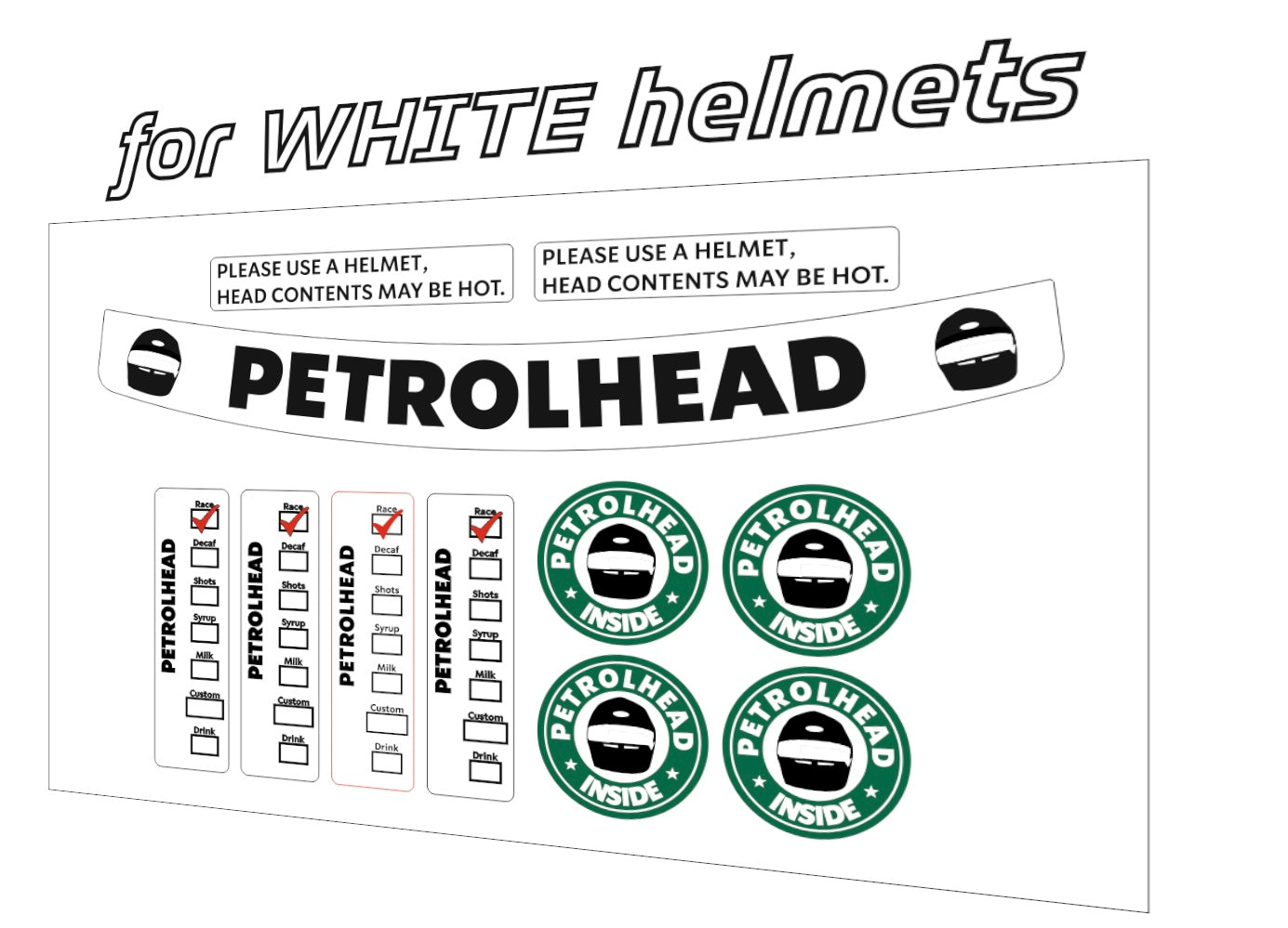 PETROLHEAD WHITE Helmet Sticker Kit (design pack) (Karting, Motorsport)