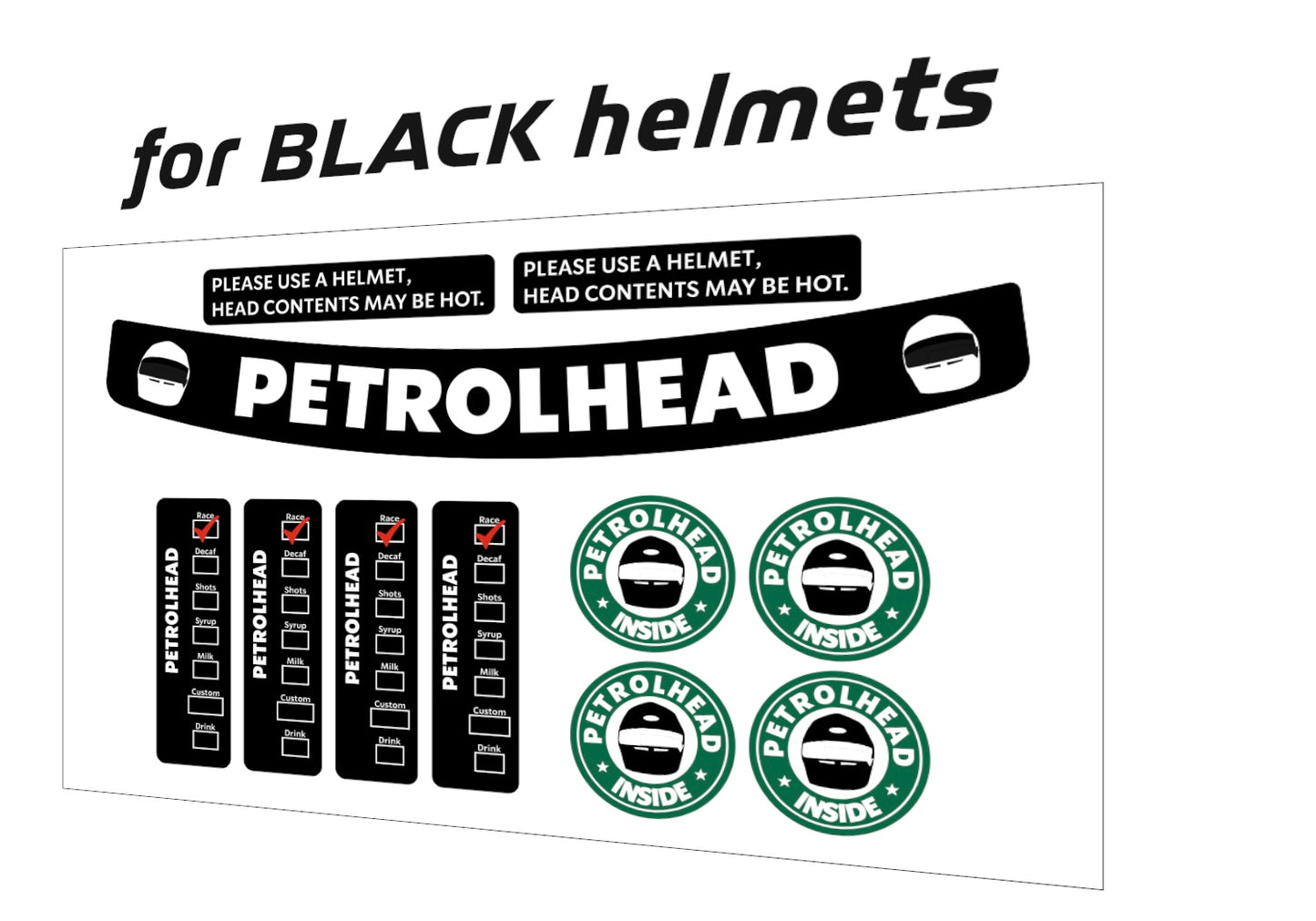 PETROLHEAD BLACK Helmet Sticker Kit (design pack) (Karting, Motorsport)