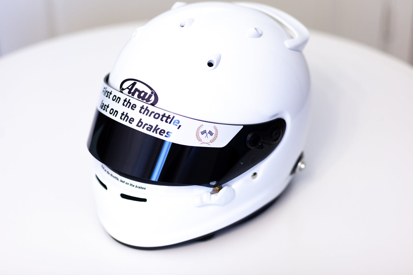 First on Thruttle - Last on Brakes (Helmet Visor Stripe) (Karting, Motorsport, Moto)