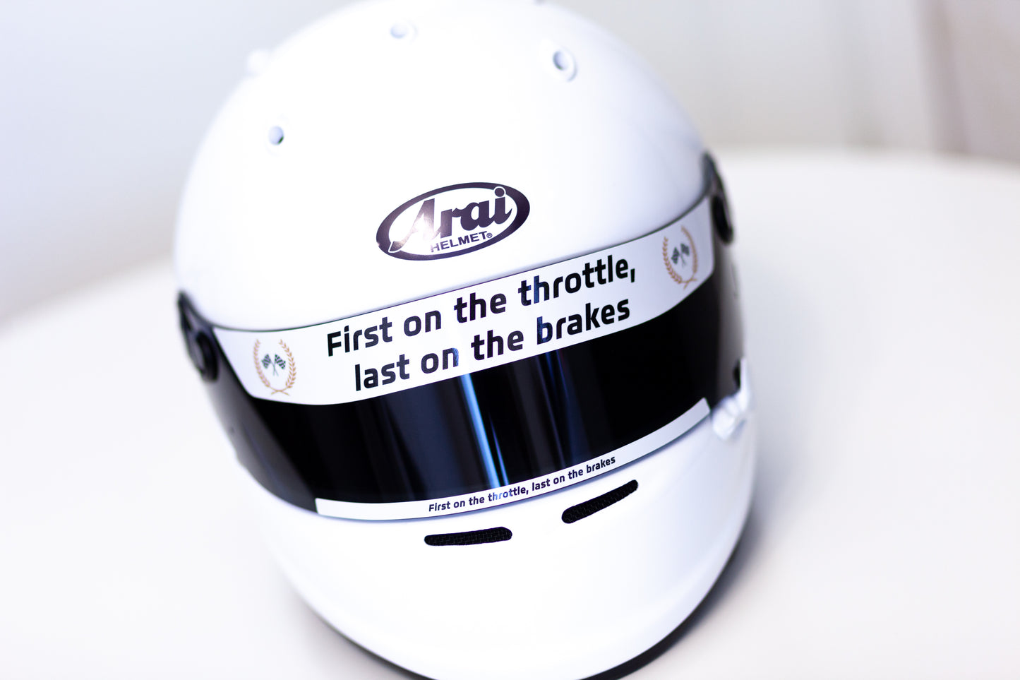 First on Thruttle - Last on Brakes (Helmet Visor Stripe) (Karting, Motorsport, Moto)